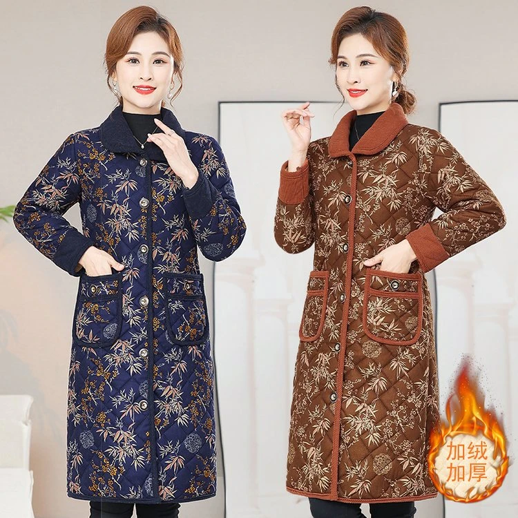 妈妈装冬季中长款棉衣中老年新款碎花加绒加厚保暖棉服外套女