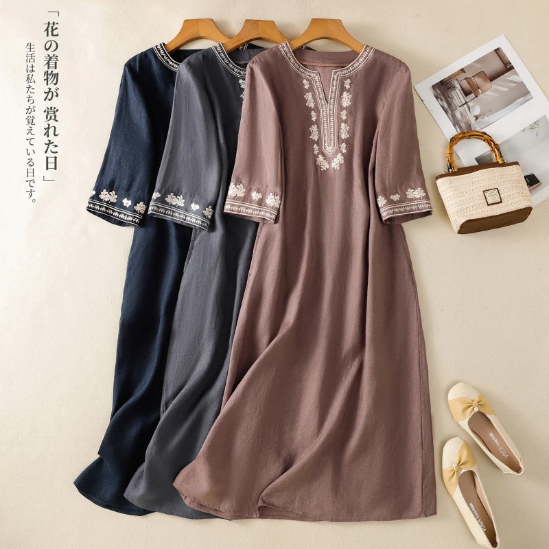 【限量款子末清河】复古民族风刺绣连衣裙女V领短袖宽松休闲长裙子