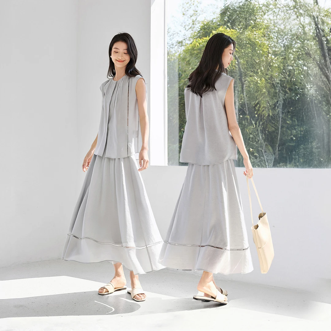 IHIMI/海谧2025年夏季新款女装简约百搭休闲压褶衬衫半身裙套装