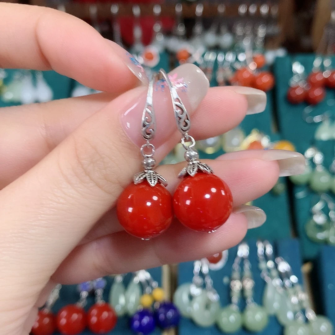 玛瑙/玉髓耳饰银S925镶嵌天然红玛瑙12mm左右（锦红）