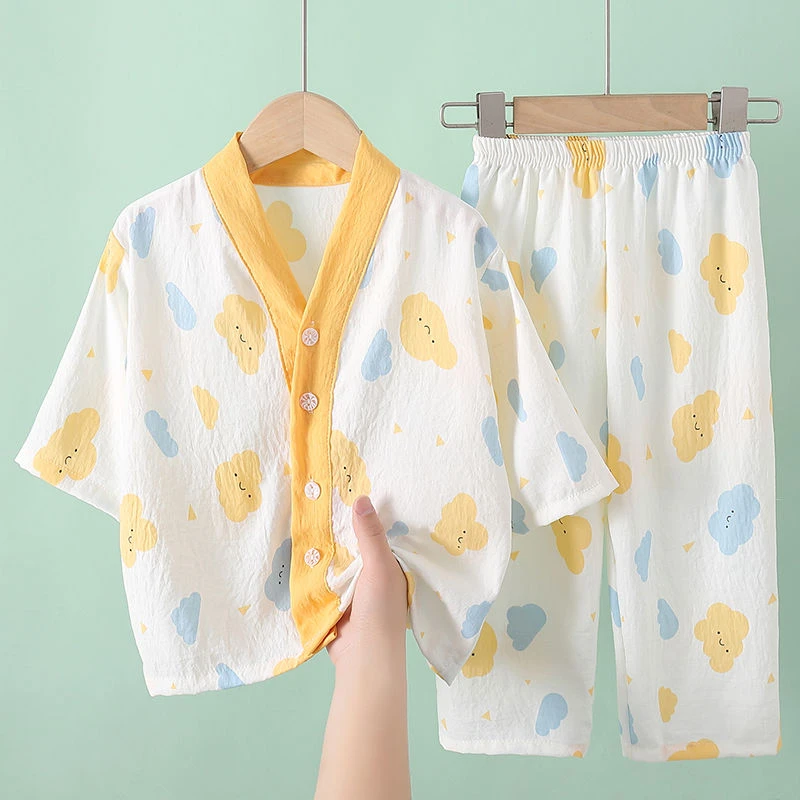 夏季儿童睡衣女童男童七分袖云朵棉女孩中大童家居服套装宝宝睡衣