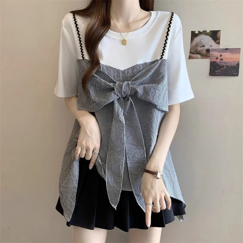 大码蝴蝶结系带格子拼接假两件短袖t恤女夏季胖mm宽松遮肚子上衣