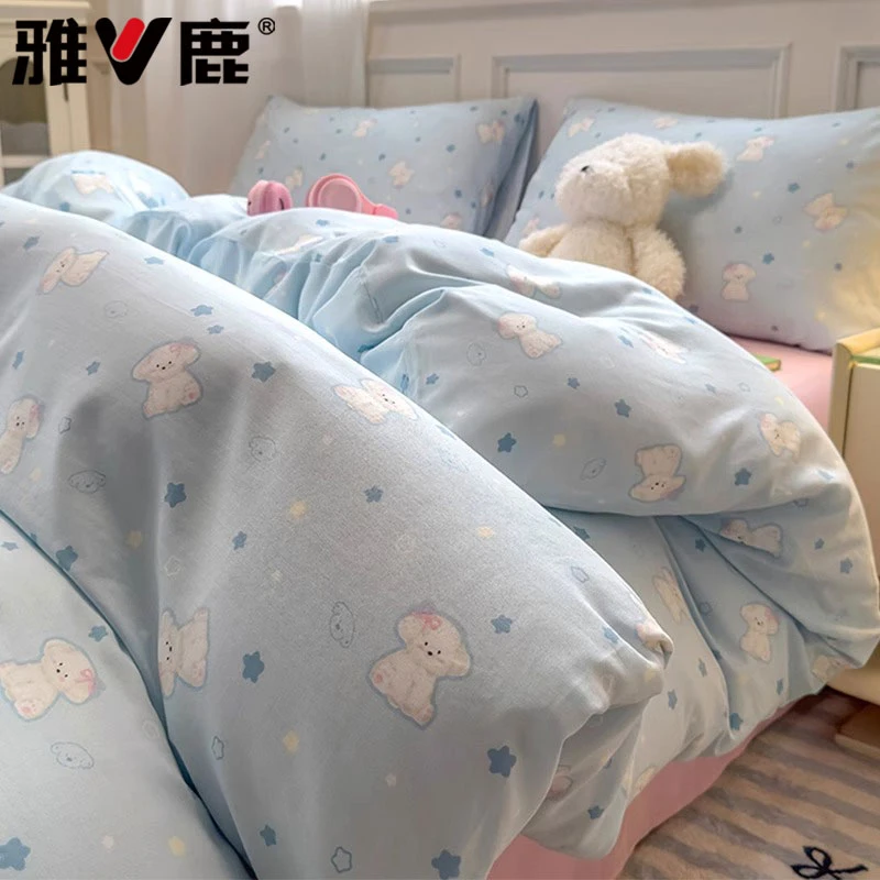 雅鹿卡通双层纱纯棉床上四件套2025新款新疆全棉床单被套罩三件套
