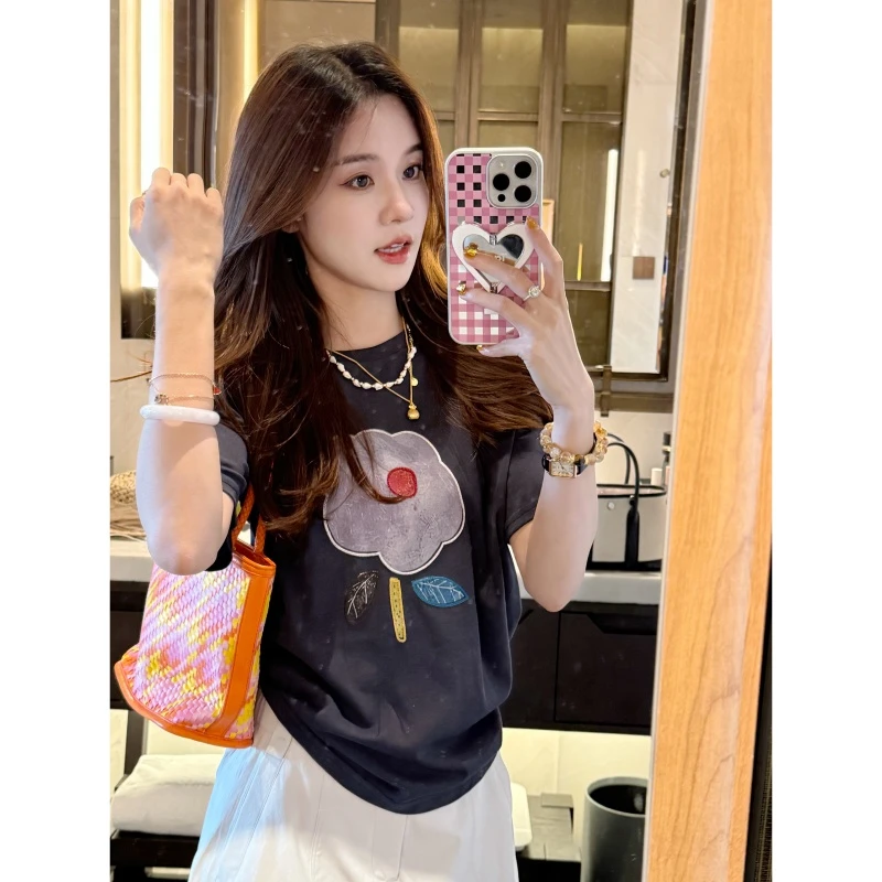 【云朵小花】夏季时尚百搭可爱风印花短袖T恤女-DX2025612