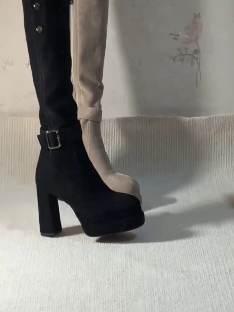 羊皮版~超高跟长筒靴女2025新款秋季复古绒面高筒厚底弹力瘦瘦靴