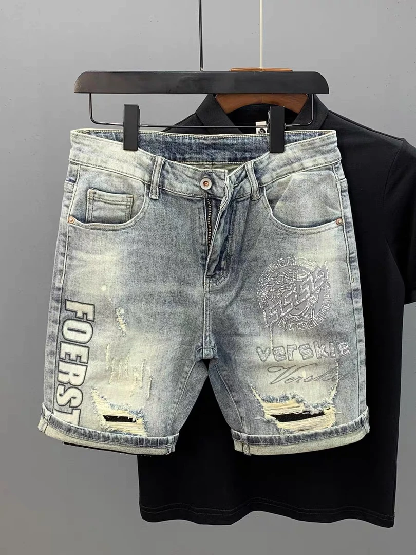 欧洲站高端烫钻浅色牛仔短裤男士破洞印花水洗休闲弹力四五分裤子