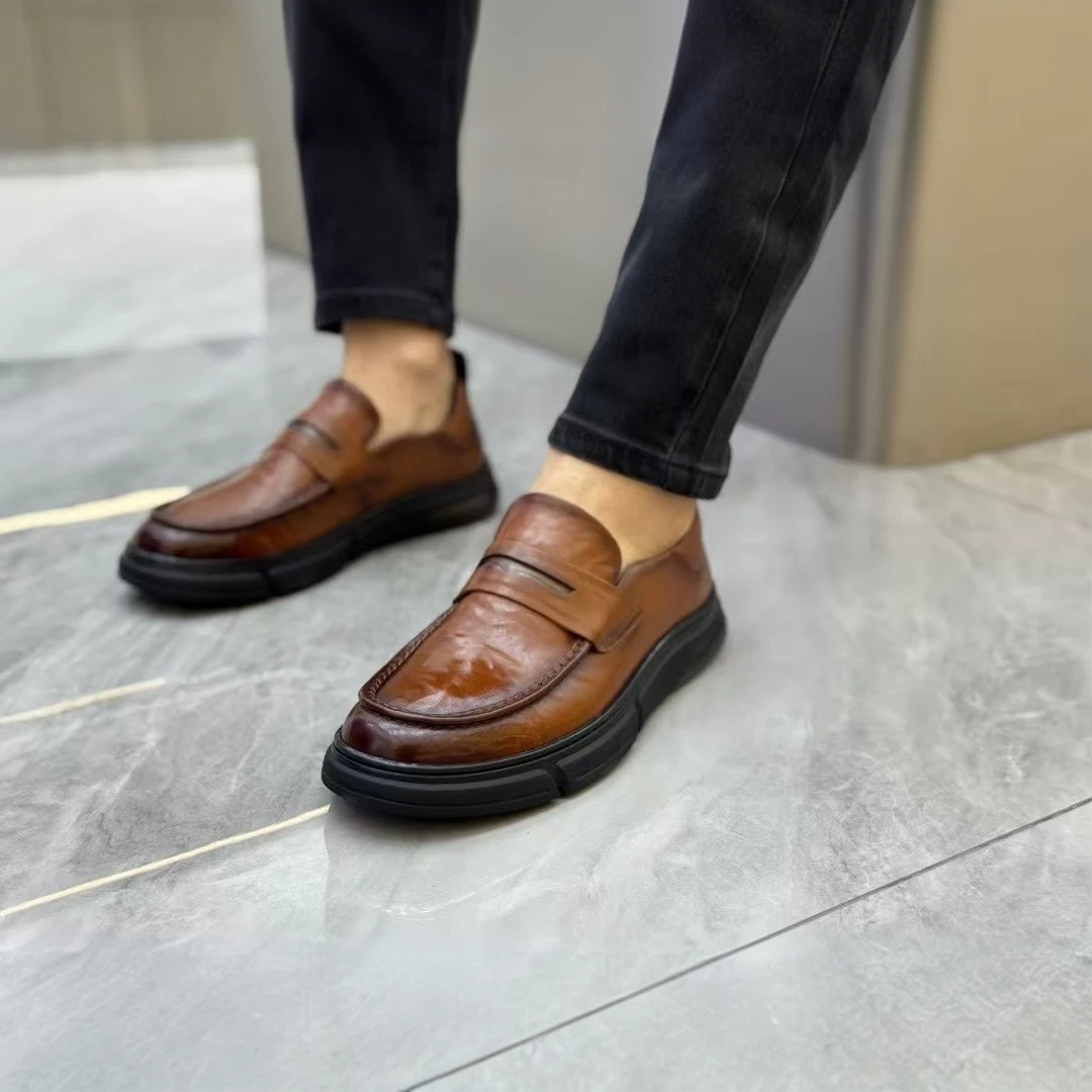 新款软皮软底简约乐福鞋百搭时尚休闲男鞋轻软厚底一脚蹬懒人皮鞋