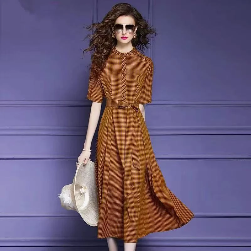 2025年新款春秋中长裙夏季腰带收腰显瘦黄色格子连衣裙