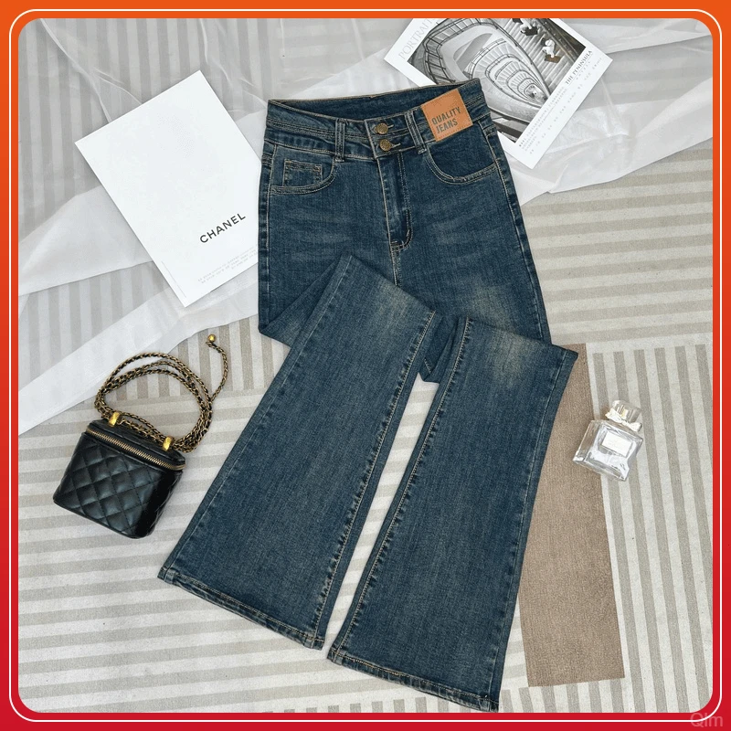 复古显高腰微喇叭牛仔裤女百搭新款秋冬裤春季双排扣修身显瘦蓝长