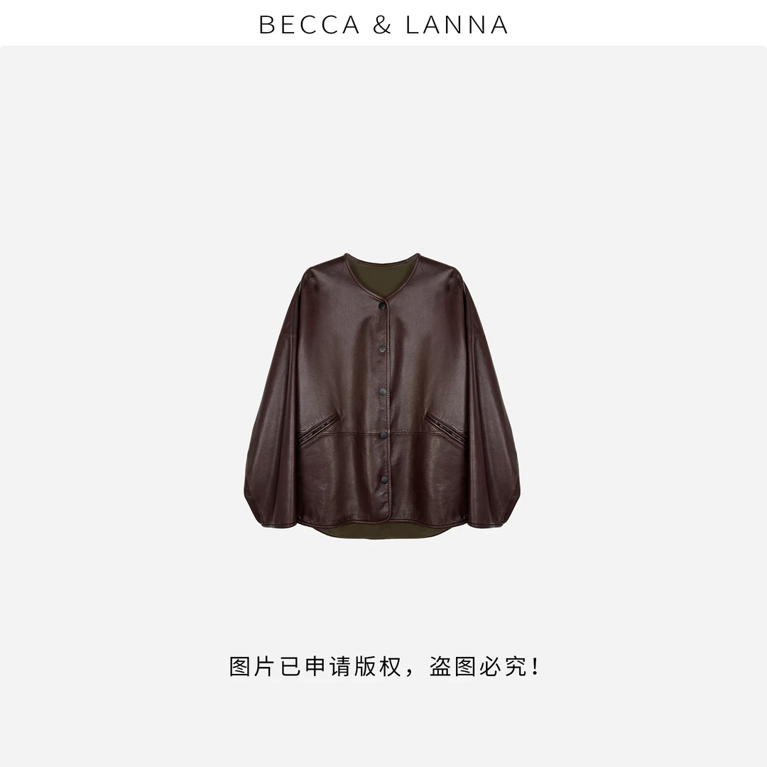 D0207 女士休闲简约圆领真皮皮衣外套 女装