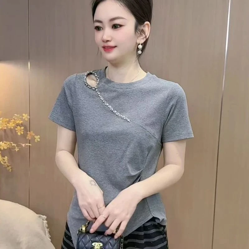 2025夏季新款设计感不规则下摆褶皱镂空百搭宽松显瘦短袖女T