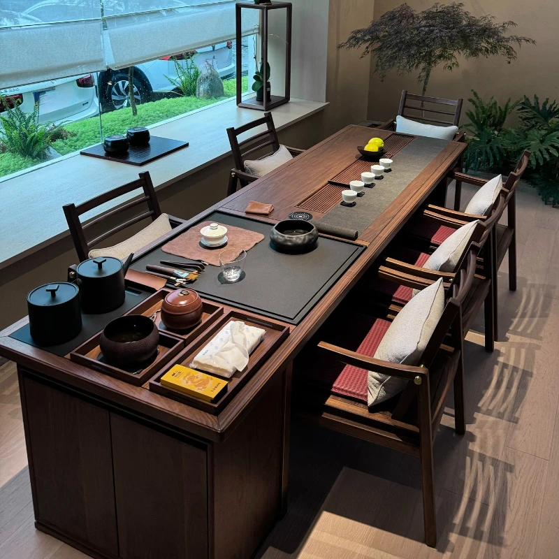 新中式北美黑胡桃木茶桌椅组合实木禅意简约高端办公茶室一体茶台