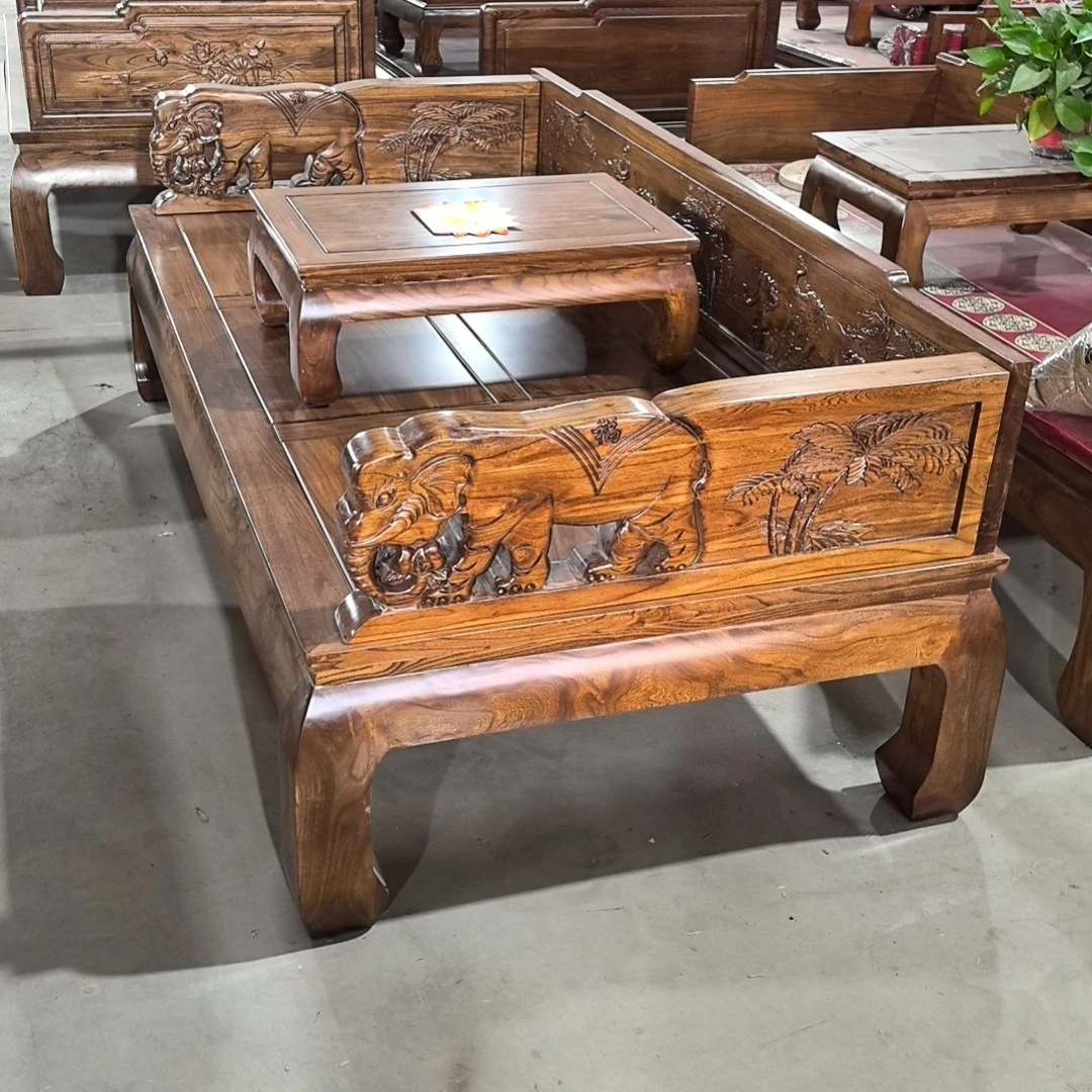 老榆木大象罗汉床，长度2米，宽度1米，全榆榫卯结构，全实木大床