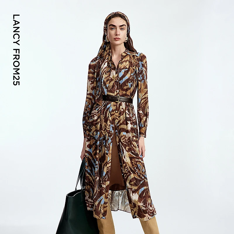 【达人】朗姿艺术感复古印花衬衫连衣裙女收腰裙子复古秋季8WOP066