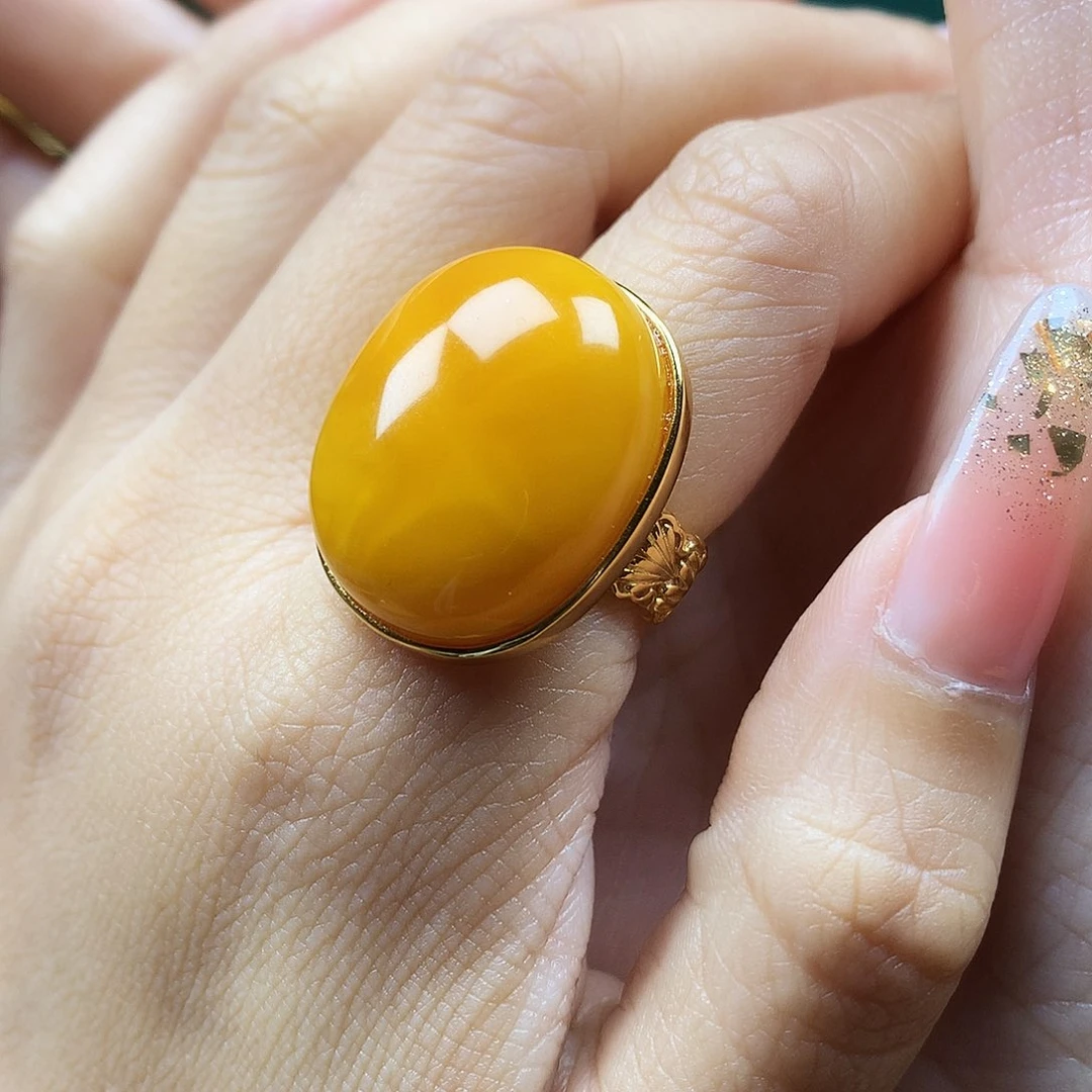 蜜蜡戒指银S925镶嵌戒指