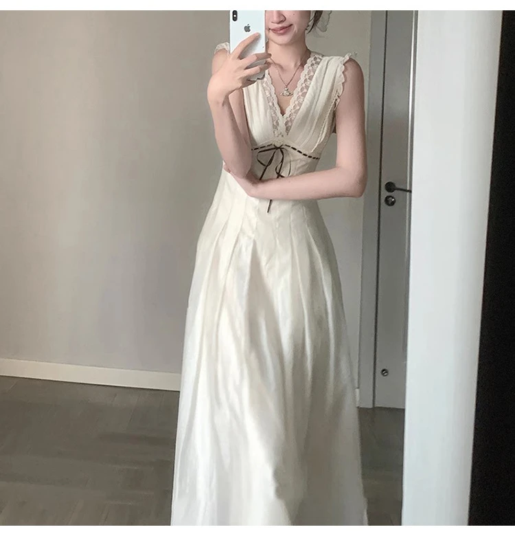 【漫纱云岫 】蕾丝拼接v领天 丝连衣裙收腰显瘦长裙蝴蝶结仙女裙
