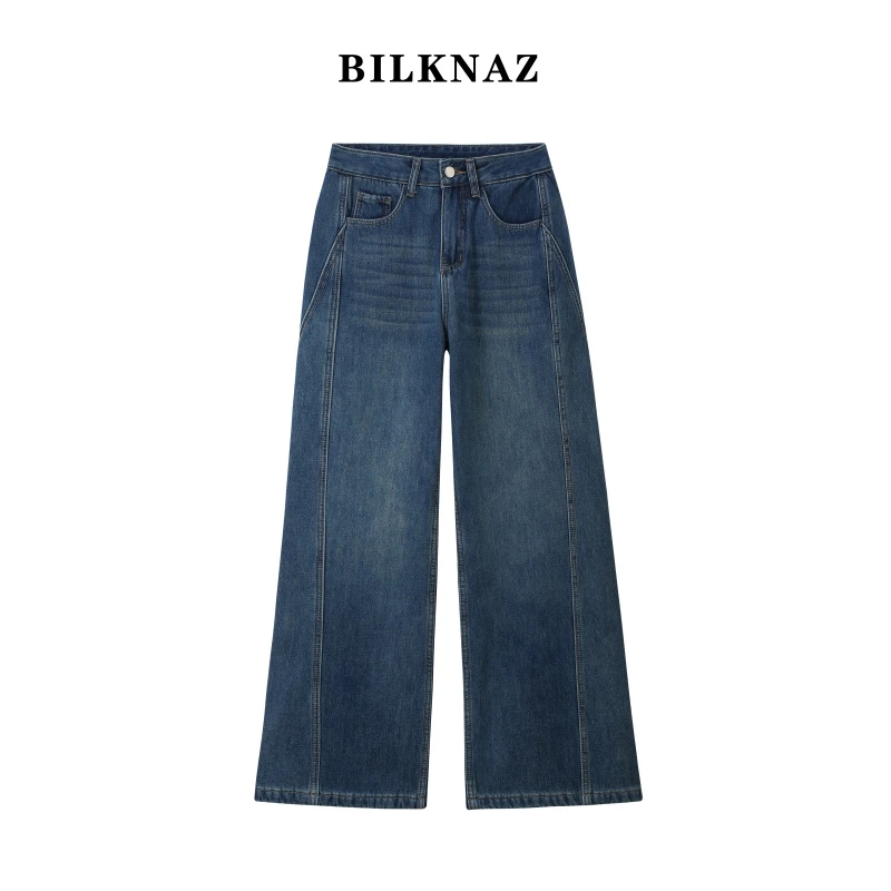 BILKNAZ秋冬季新款线条款高腰直筒显瘦微喇休闲牛仔裤裤女K2050