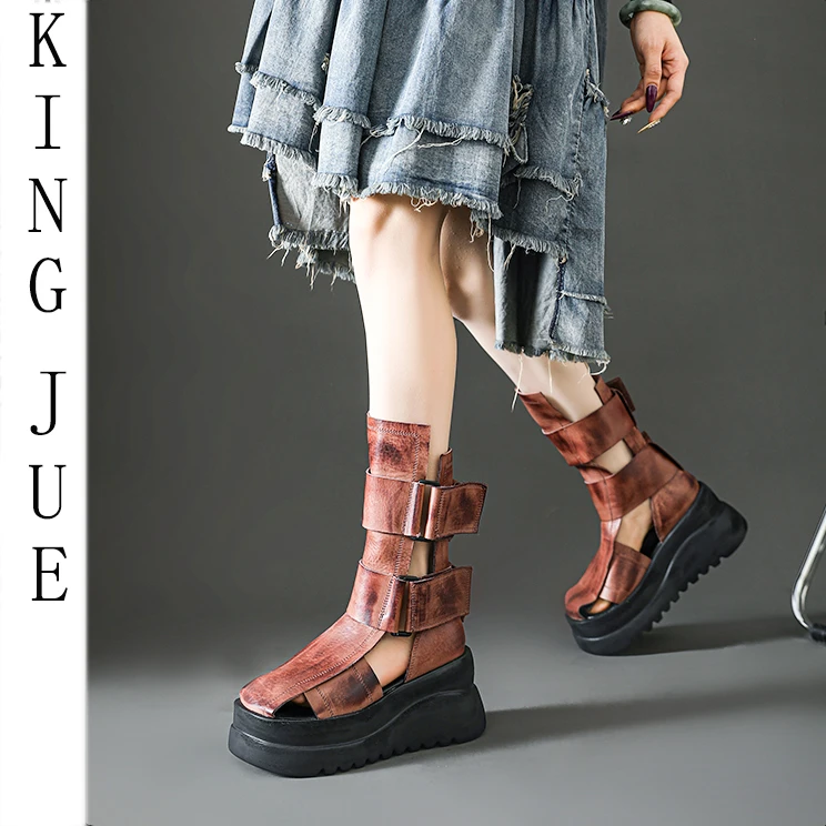 【王爵】头层牛皮罗马鞋/6cm跟高/夏季粗跟厚底/包头凉鞋/高帮凉鞋