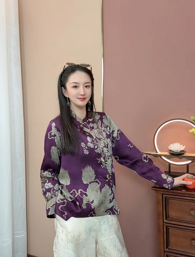 【瑞狮戏球】秋季新款新中式百搭提花斜襟国风上衣