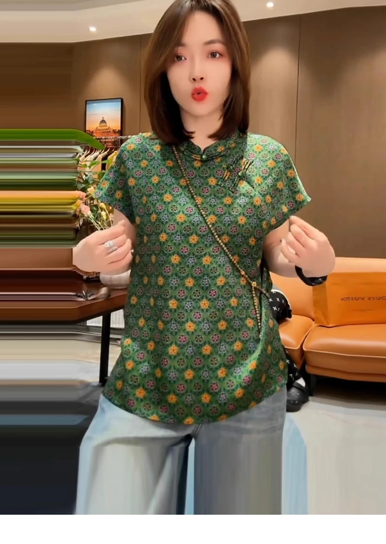 新中式绿色立领夏季新款盘扣圆点提花上衣短袖女