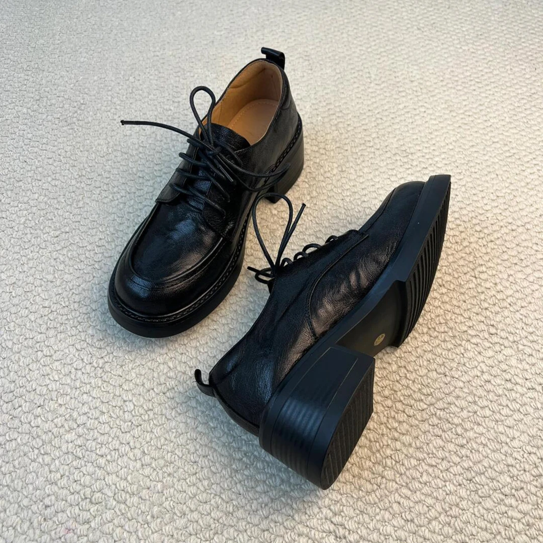 羊皮版~学院风系带粗跟乐福鞋女真皮百搭厚底单鞋休闲英伦小皮鞋