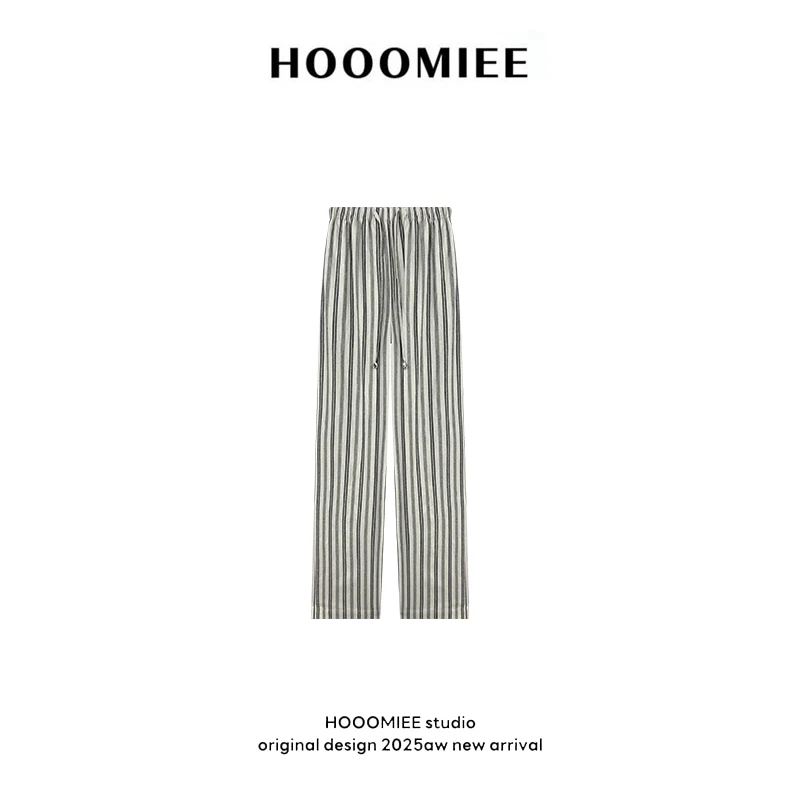 Hooomiee慵懒松弛感白色条纹抽绳松紧腰棉麻裤休闲裤女220616