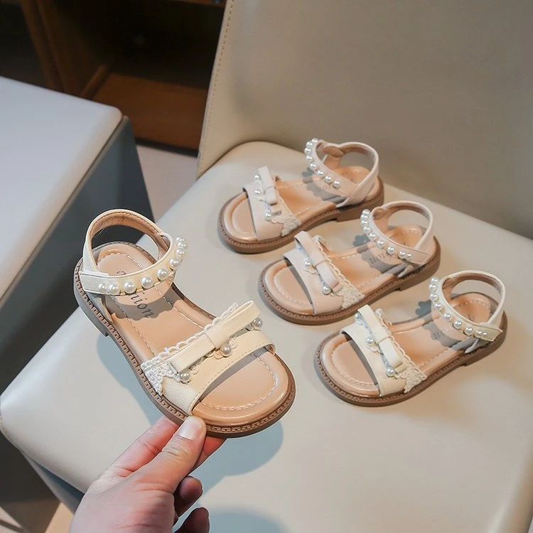 2025夏季韩版女童凉鞋小女孩软底蝴蝶结珍珠公主鞋软底沙滩鞋N13