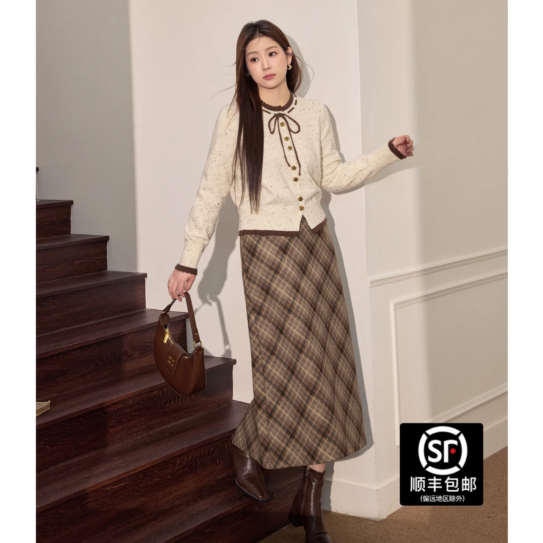 蓝语大码女装冬季新款气质名媛小香针织毛衣格纹半身裙子显瘦套装