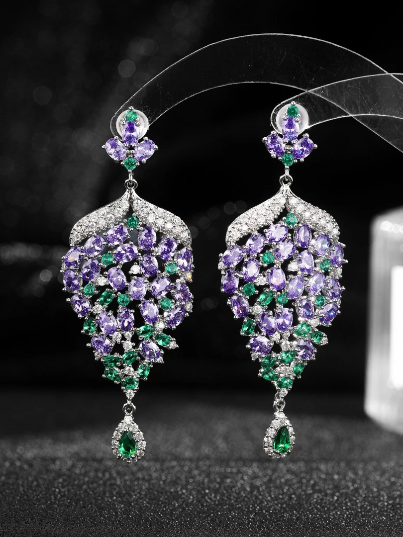 合金合成锆石耳饰 1990高级轻奢长款立体镂空水滴耳环