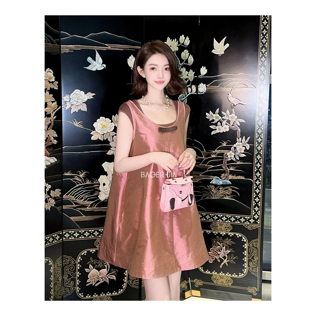 5-宝儿家含幂BE46725205XQ夏季款穿搭设计感蝴蝶结双宫丝无袖裙子