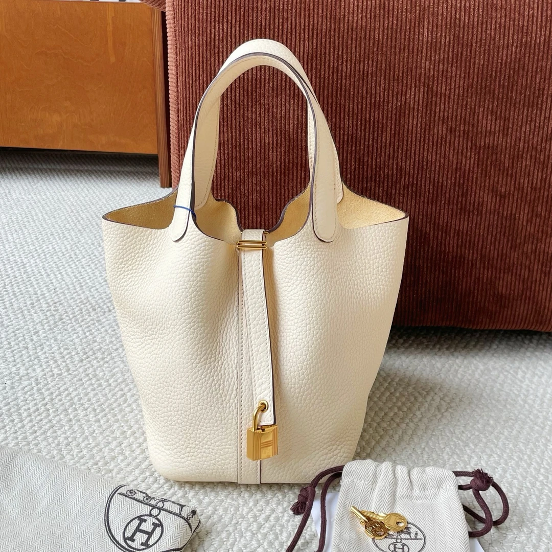 99新 Hermes/爱马仕 菜篮子18 z刻奶油白金扣tc皮 JM15-0483