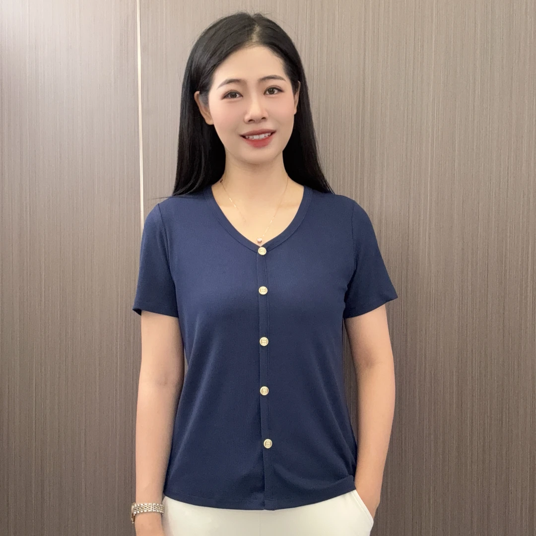 金六指夏季清凉弹力百搭纯色显瘦休闲V领气质时尚薄款短袖春夏