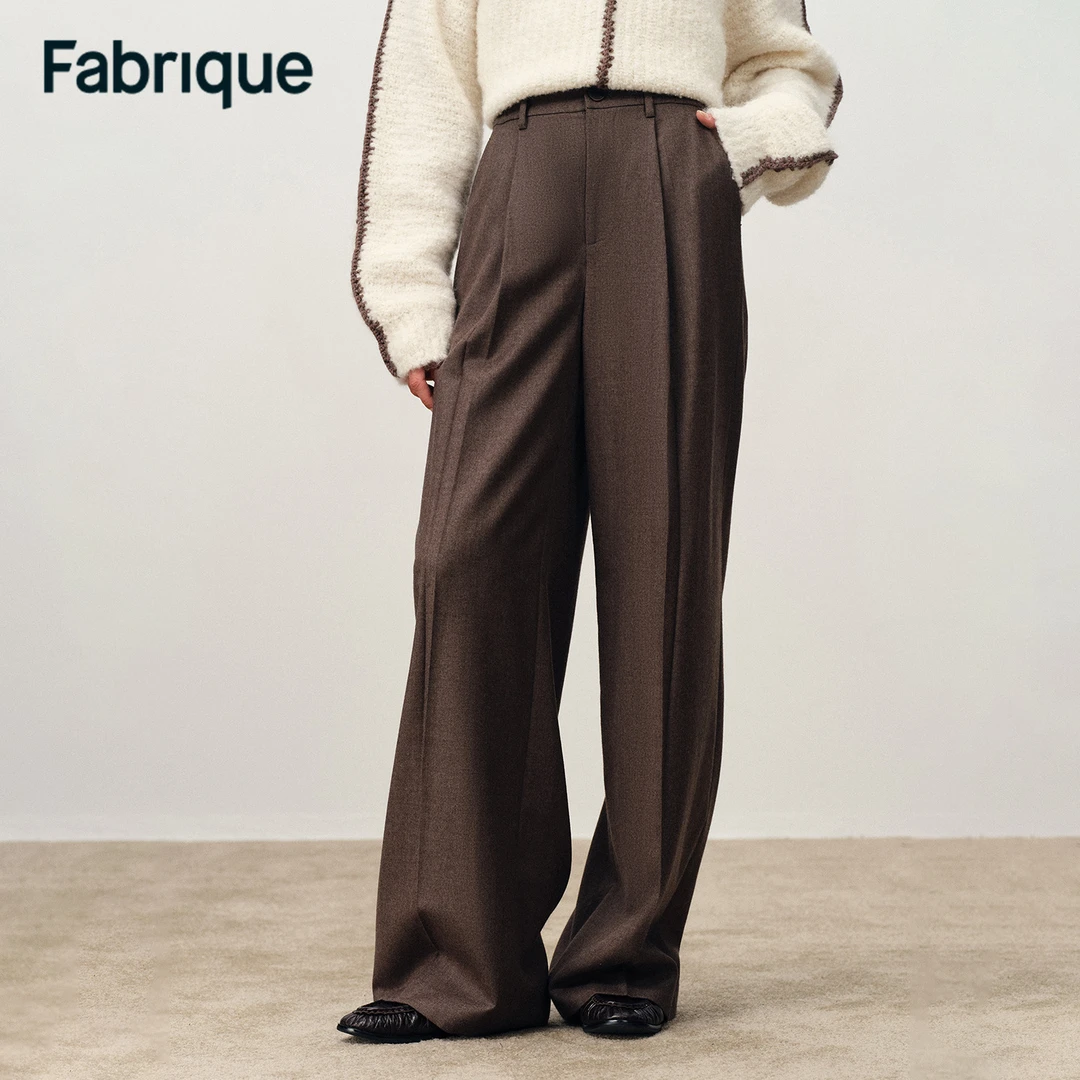 Fabrique Sofia秋冬新品游隼灰棕绵羊毛法式复古磨毛半松紧腰西裤