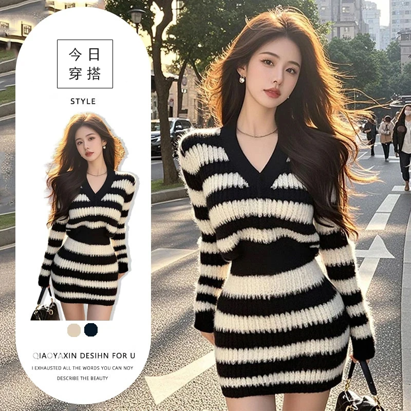2025秋冬时尚辣妹修身显瘦V领黑白条纹连衣裙女装短款包臀裙子潮