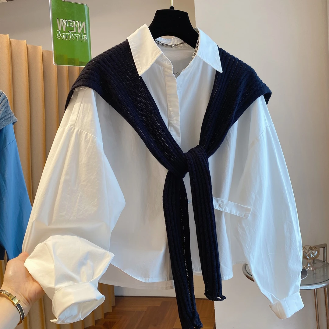 针织披肩白色衬衫女长袖2025新款宽松休闲 气质百搭两件式上衣