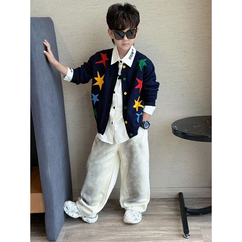 男童秋季帅气百搭彩色星星长袖中大童休闲洋气针织开衫儿童毛衣