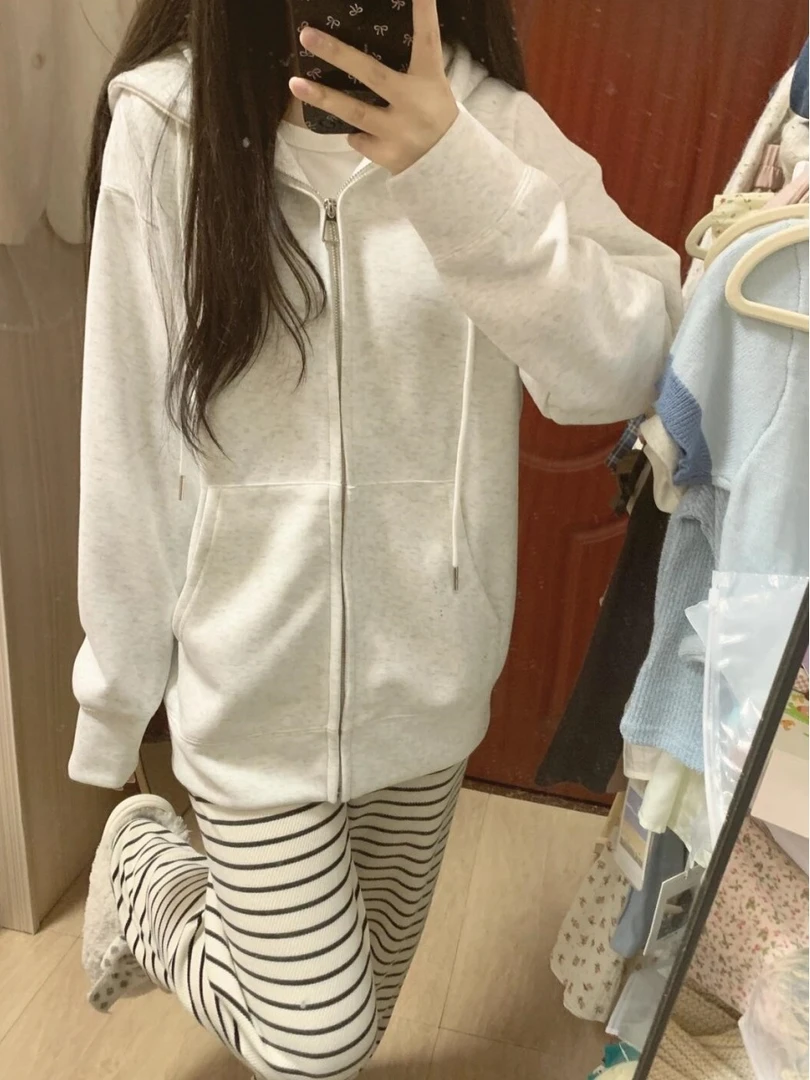早秋季纯色拉链连帽卫衣外套女款韩系宽松慵懒风2025新款开衫上衣