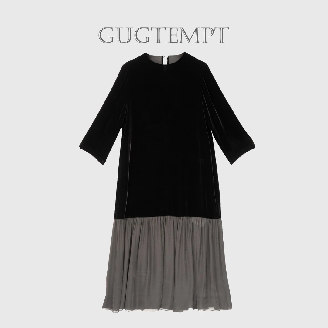 【GUGTEMPT】 秋冬女新款100%16姆米真丝丝绒长袖连衣裙KLYQ5275