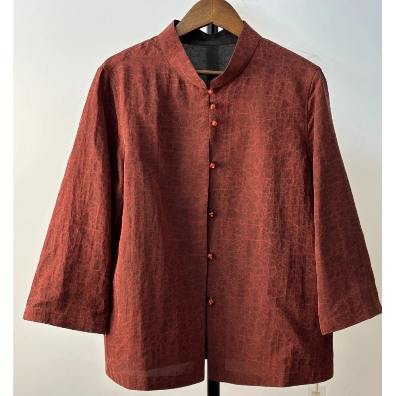 遇裳（86107）100%桑蚕丝老料双面穿龟裂纹女立领上衣