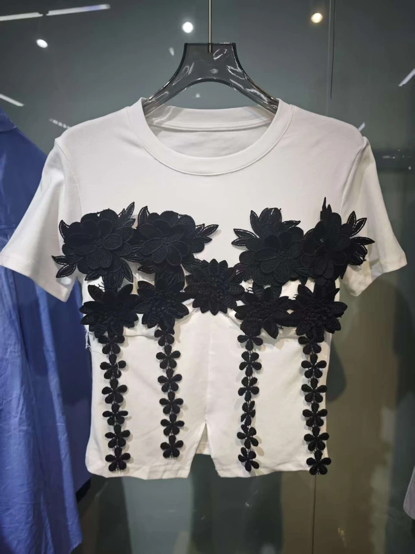 3413#韩系蕾丝小花拼接T恤短袖上衣夏季新款洋气个性百搭