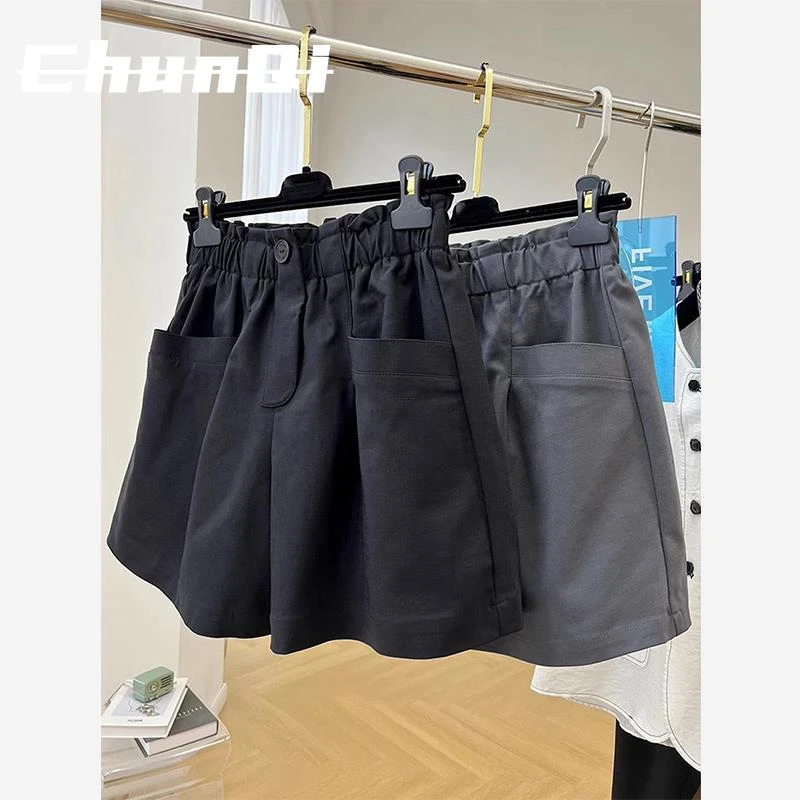 淳启花苞休闲短裤女夏天新款大码宽松梨形身材显瘦高腰黑色阔腿裤