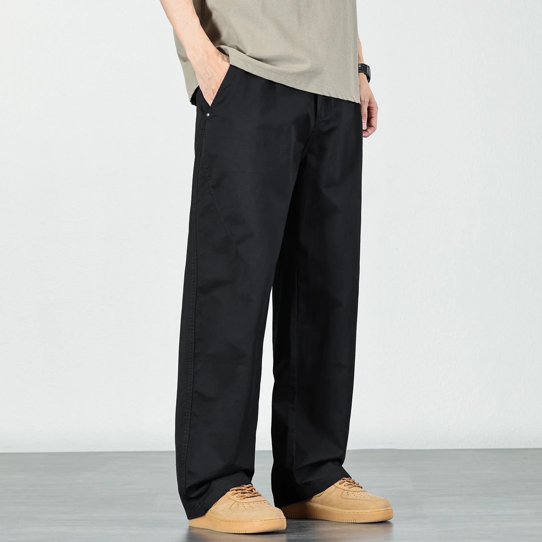 黑色纯棉休闲裤男士2025夏季宽松直筒长裤潮流百搭阔腿垂感裤子男