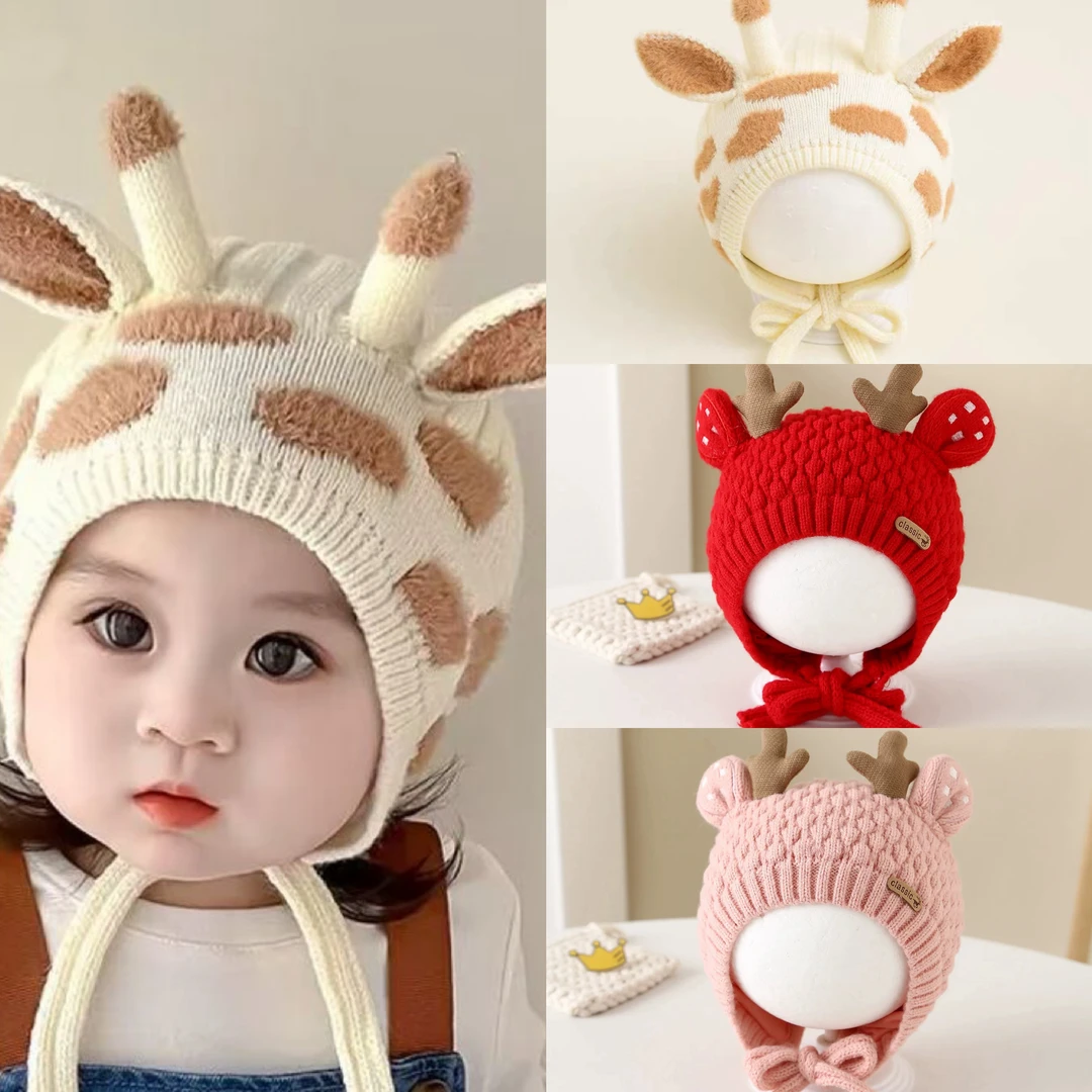 婴儿秋冬季韩版卡通男女童针织帽内衬保暖防风护耳帽宝宝毛线帽