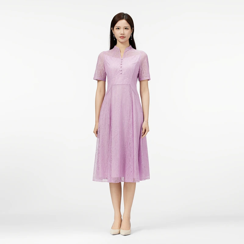 SUSSI古色丨“紫罗蝶影”连身立领短袖收腰连衣裙
