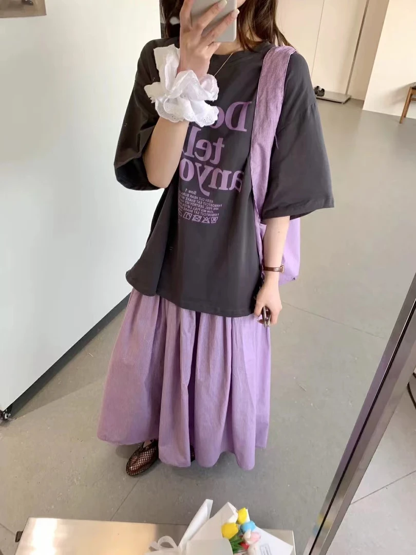 CHUMU/储慕【自在风雅】减龄休闲字母印花短袖T恤半身裙包三件套