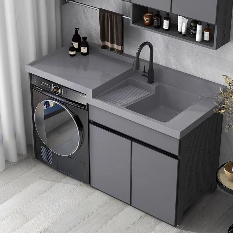 2025新款阳台太空铝高低盆洗衣池一体柜洗衣机柜组合石英石洗衣池