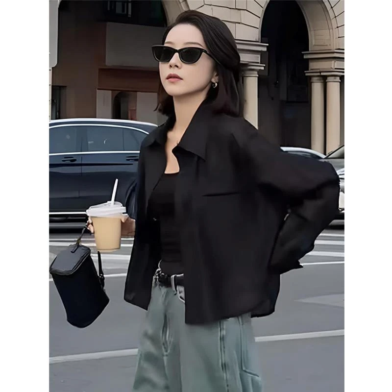 薄款polo衫翻领长袖防晒衬衫女夏款新款宽松设计感小个子短款上衣