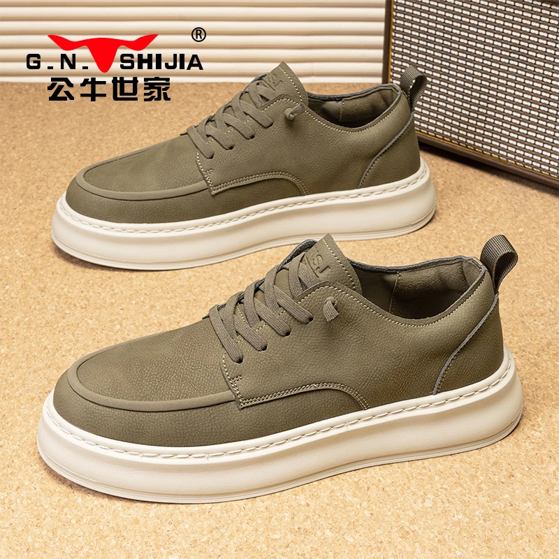 公牛世家男鞋2025春季新款厚底商务休闲鞋男士板鞋软底运动小皮鞋