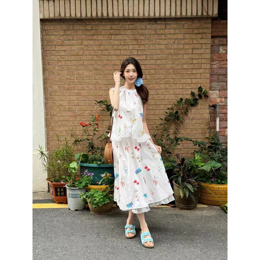 现货印花挂脖无袖套装连衣裙颜色图片色套装