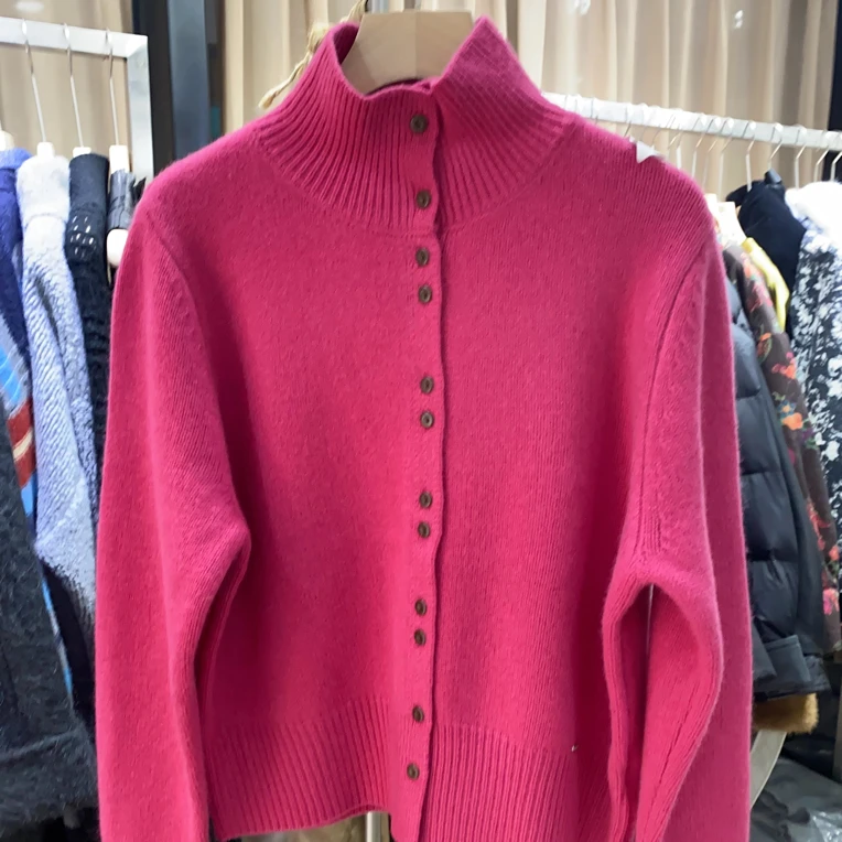 红色立领羊毛针织开衫女2025秋冬毛衣外套